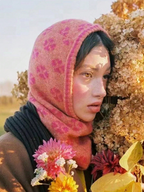 Person wearing a pink floral headscarf with flowers in the foreground