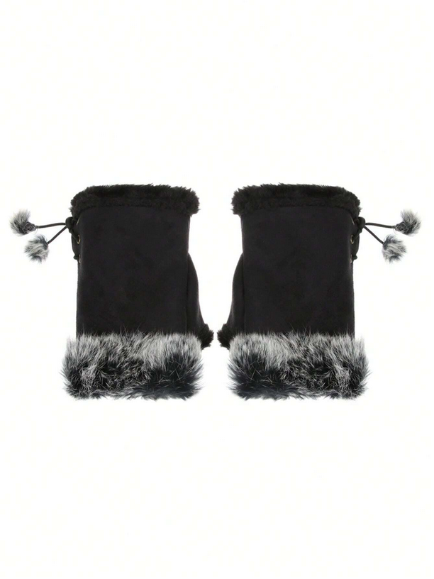 Pair of black mittens with gray fur trim on a white background