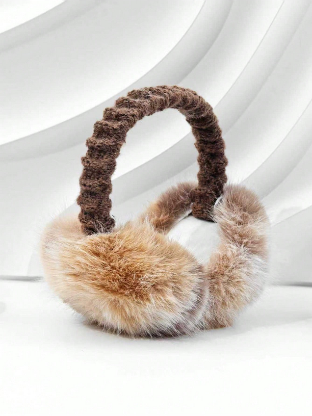 Brown and beige fur ear muffs on a white background